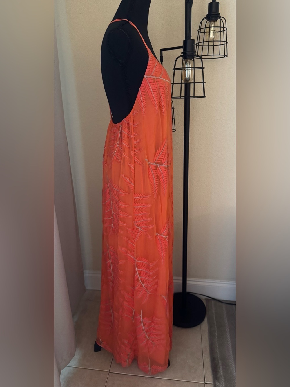 Alice + Olivia Coral Silk Maxi Dress Embroidered Open Back Designer Medium - Picture 4 of 9